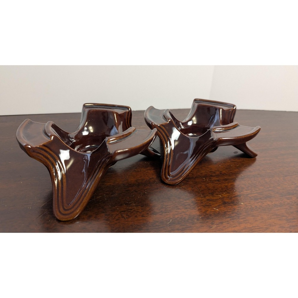 Vintage USA Pottery Candle Holders Brown Drip Glaze Mid Century Rustic Pair - Picture 2 of 8